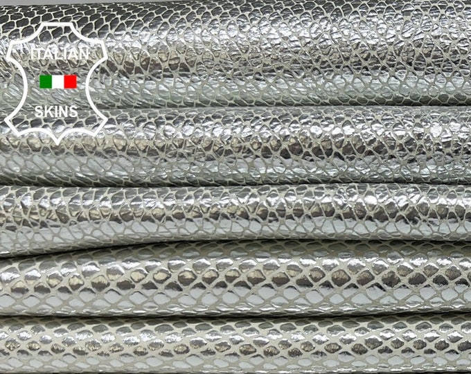 METALLIC SILVER Snake Textured Print On Ivory Soft Italian Goatskin Goat Leather pack 2 hides skins total 10sqf 1.0mm #B6607