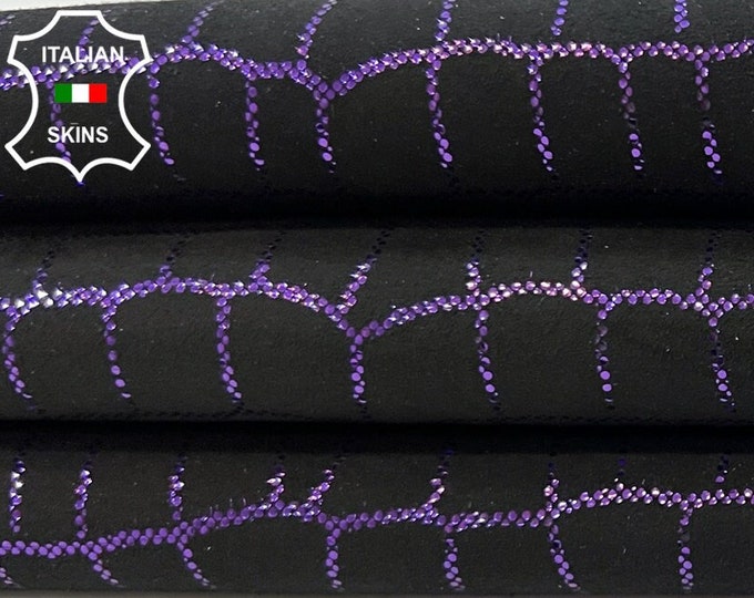 BLACK SUEDE METALLIC Purple Crocodile Print On Soft Italian Goatskin Goat leather hide hides skins skins 3sqf 1.0mm #C22