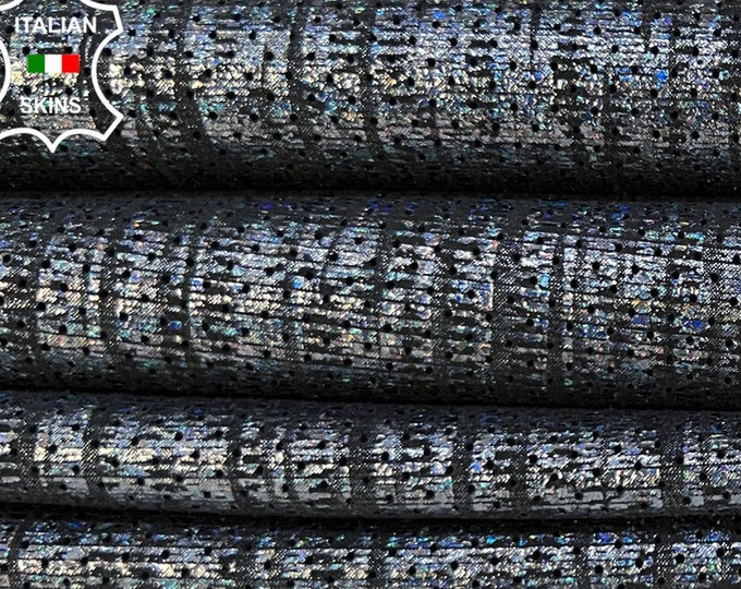 METALLIC HOLOGRAPHIC Dark BLUE Print On Black pinholes Perforated Thin Soft Italian Goatskin Leather pack 2 hides total 7+sqf 0.6mm #B8456