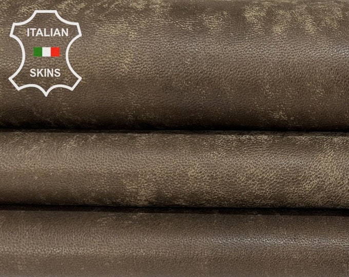 OLIVE BROWN VINTAGE Look Distressed Vegetable Tan Thick Italian Lambskin Lamb Sheep Leather hide hides skin skins 6+sqf 1.1mm #B6991