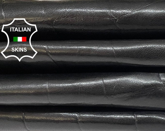 BLACK SHINY CROCODILE Print Embossed Textured Vegetable Tan On Italian Goatskin Goat Leather hides hide skin skins 8sqf 0.7mm #B755