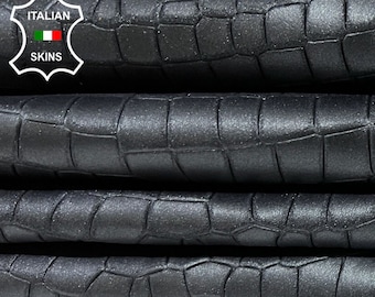 BLACK MIDNIGHT PEARLIZED Crocodile Textured Embossed Print On Thick Italian Goatskin Goat Leather pack 2 hides total 12+sqf 1.1mm #B8374