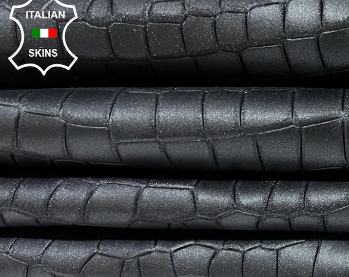 BLACK MIDNIGHT PEARLIZED Crocodile Textured Embossed Print On Thick Italian Goatskin Goat Leather pack 2 hides total 12+sqf 1.1mm #B8374