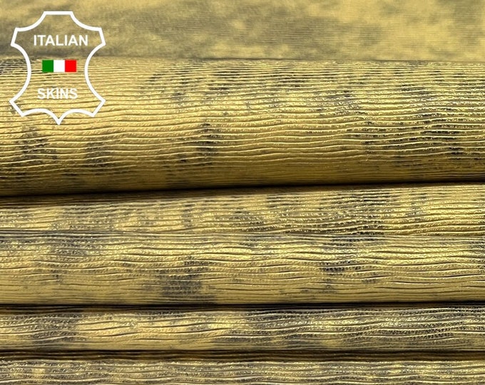 PEARLIZED GOLD DISTRESSED Lines Textured Print On Italian Lambskin Lamb Sheep Leather pack 2 hides skins total 12sqf 0.9mm #B8842