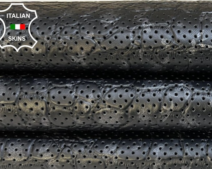 GUNMETAL DISTRESSED On BLACK Crocodile Textured Print On Pinholes Perforated Italian Lambskin Lamb Sheep leather skin hides 7sqf 0.9mm B8798