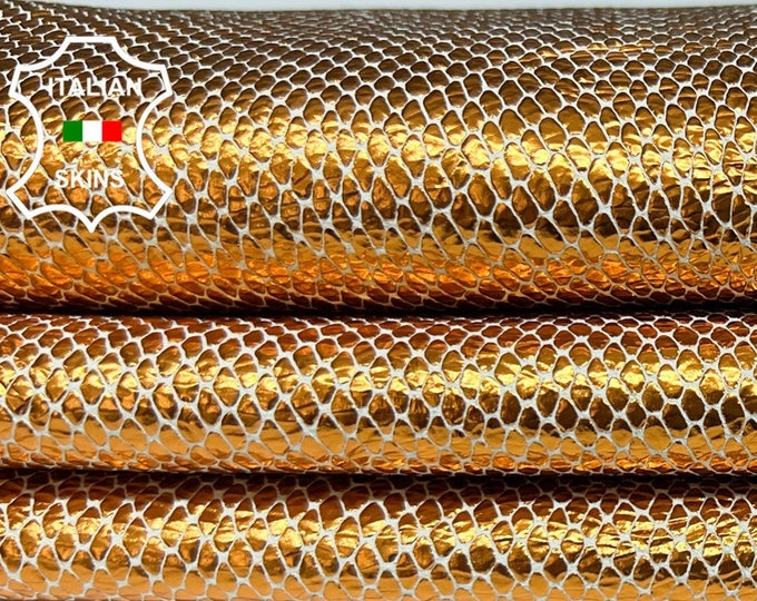 METALLIC ORANGE COPPER Snake Textured Print On Ivory Soft Italian Goatskin Goat Leather hide hides skin skins 4+sqf 1.0mm #B6608