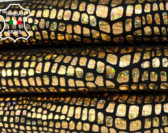 METALLIC HOLOGRAPHIC GOLD Crocodile Print On Thick Soft Italian Goatskin Goat Leather hide hides skin skins 5sqf 1.2mm #B9481