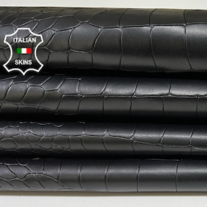 BLACK CROCODILE TEXTURED Embossed Print On Vegetable Tan Thick Italian Lambskin Sheep Leather pack 2 hides skins total 14sqf 1.4mm #B8788
