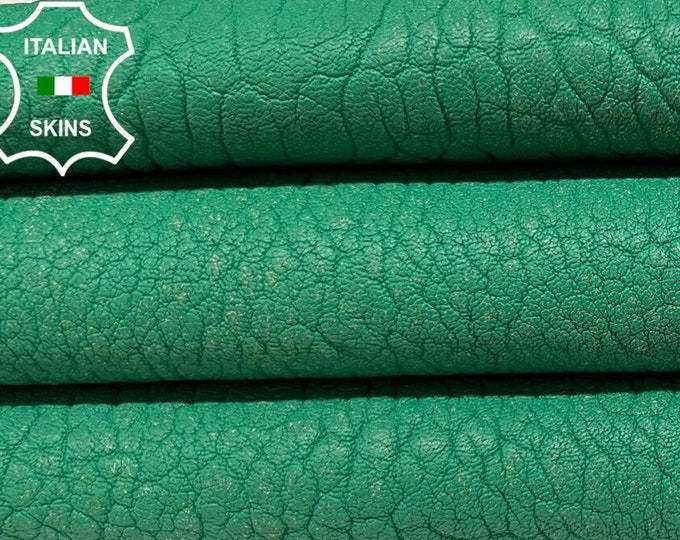 GREEN BUBBLY GRAINY On Beige Vegetable Tan Thick Soft Italian Lambskin Lamb Sheep leather hide hides skin skins 5sqf 2.5mm #B6159