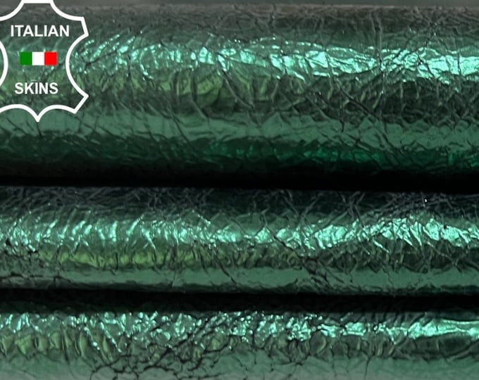 METALLIC BOTTLE GREEN Crackled Vintage Look Thin Italian Goatskin Goat Leather hide hides skin skins 5sqf 0.6mm #B5300