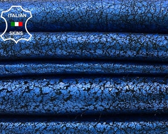 METALLIC ROYAL BLUE Cracked Used Vintage Look Thick Soft Italian Lambskin Lamb Sheep Leather pack 2 hides skins total 14sqf 1.3mm #C491
