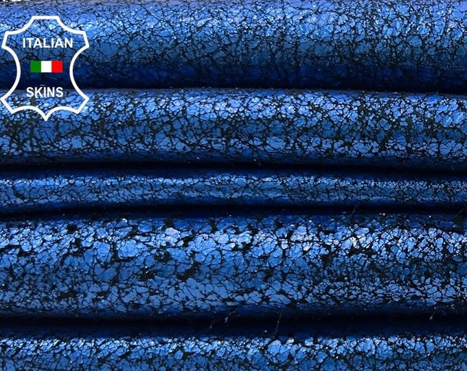 METALLIC ROYAL BLUE Cracked Used Vintage Look Thick Soft Italian Lambskin Lamb Sheep Leather pack 2 hides skins total 14sqf 1.3mm #C491