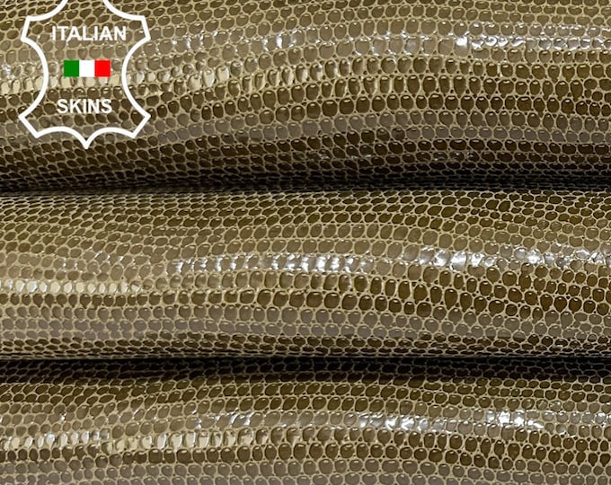 OLIVE GREEN LIZARD Print On shiny Soft Italian Goatskin Goat leather hide hides skin skins 4sqf 0.8mm #B6826