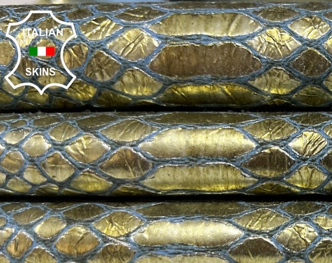 METALLIC GOLD SNAKE Textured Embossed Print On Blue Soft Italian Calfskin Calf Cow Leather hide hides skin skins 7sqf 0.9mm #B4647
