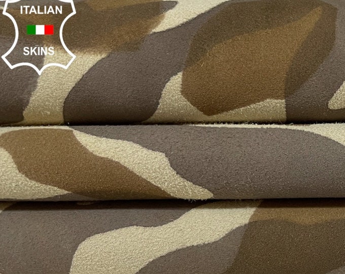 TAUPE BROWN CAMO Print On Beige Camouflage Army  Thin Soft Italian Lambskin Lamb Sheep Leather hide hides skin skins 3sqf 0.5mm #B2979