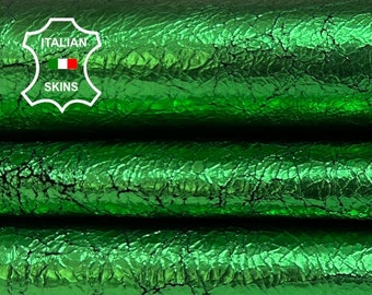 METALLIC EMERALD GREEN Crackled Vintage Look Thin Italian Goatskin Goat Leather hide hides skin skins 4-5sqf 0.6mm #B5299