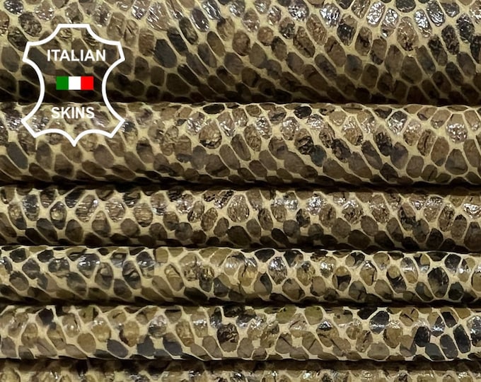 OLIVE GREEN SNAKE Print On Thin Soft Italian Lambskin Lamb Sheep Leather pack 2 hides skins total 12sqf 0.5mm #B4078