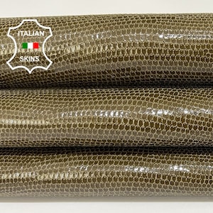 OLIVE GREEN LIZARD Print On shiny Soft Italian Goatskin Goat leather hide hides skin skins 4sqf 0.8mm #B6826