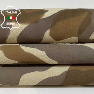 TAUPE BROWN CAMO Print On Beige Camouflage Army  Thin Soft Italian Lambskin Lamb Sheep Leather hide hides skin skins 3sqf 0.5mm #B2979