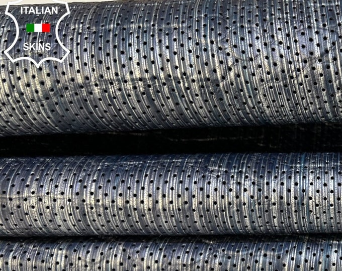 SILVER DISTRESSED On Dark BLUE Crocodile Textured Print On Pinholes Perforated Thick Italian Lambskin Sheep leather hides 8+sqf 1.2mm #B8797