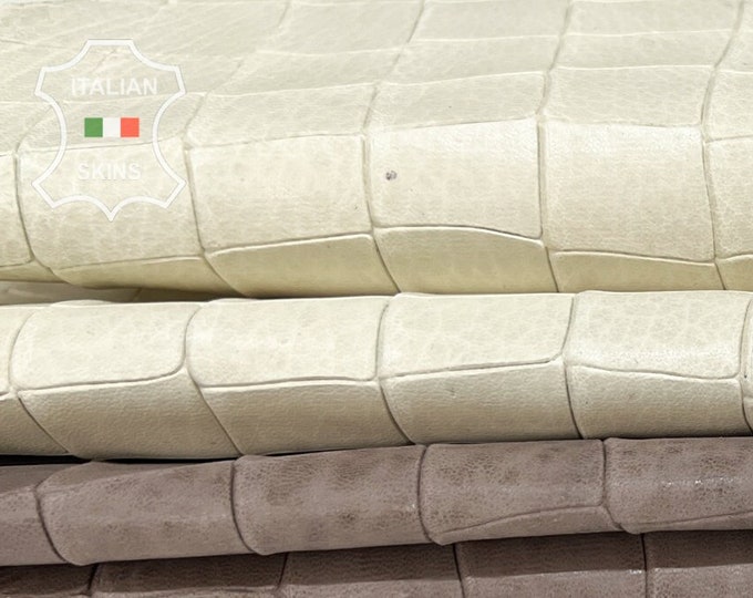 IVORY &TAUPE Crocodile Textured Embossed Print On Vegetable Tan Thick Italian Goatskin Goat Leather pack 2 hides total 7sqf 1.3mm #B7095