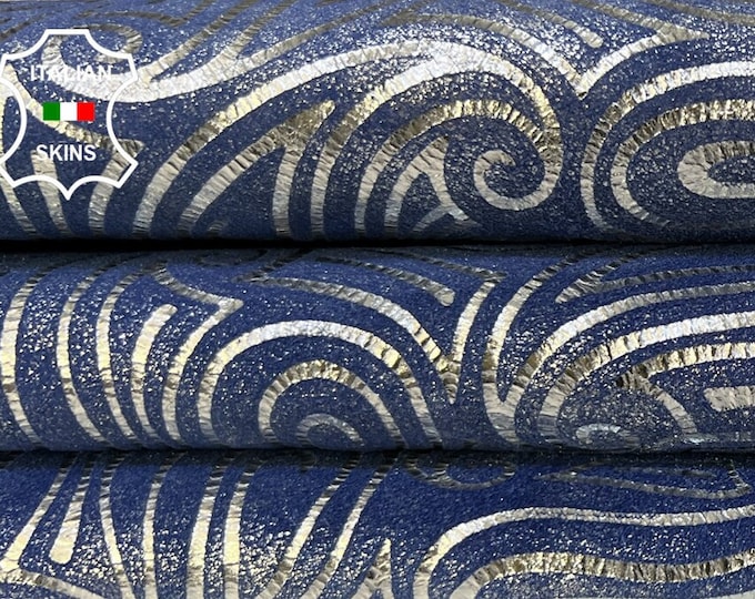 METALLIC SILVER PAISLEY Print On Pearlized Blue Suede Thick Italian Goatskin Goat Leather hide hides skin skins 4+sqf 1.1mm #B9294