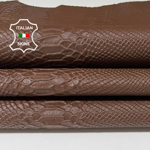 Può includere: Primo piano di pelle di serpente marrone. La pelle è piegata in tre strati, mostrando la trama e il motivo della pelle. La pelle è etichettata "ITALIAN SKINS".