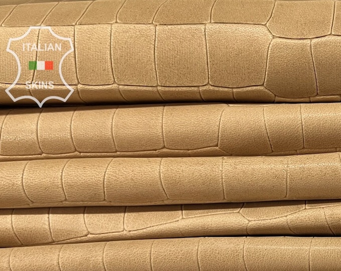 LIGHT SAND BROWN Crocodile Textured Embossed Print On Vegetable Tan Italian Lambskin Sheep Leather pack 3 hides total 30+sqf 1.0mm #B7585