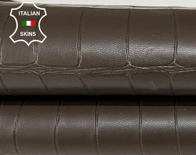 BROWN CROCODILE EMBOSSED textured on thin strong Italian Goatskin Goat leather hide hides skin skins 5sqf 0.5mm #A8786