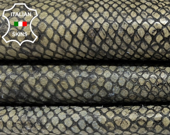 OLIVE GREEN PYTHON Snake Print On White Italian Calfskin Calf Cow Leather hide hides skin skins 7sqf 0.9mm #B4598