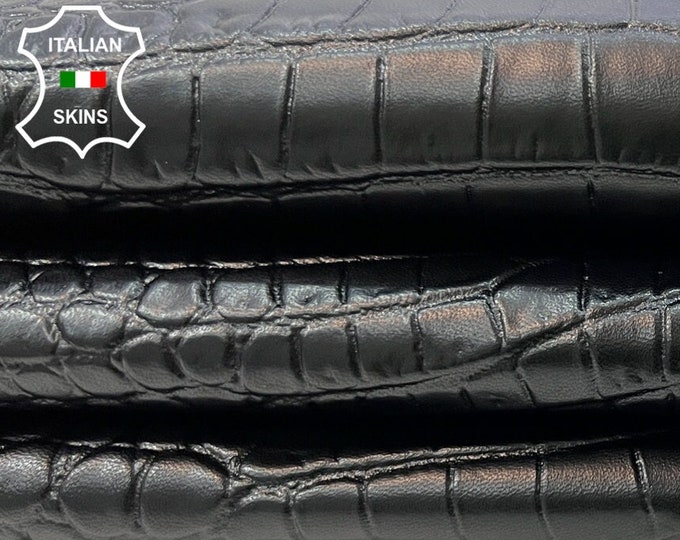 JET BLACK CROCODILE Textured Embossed Print On Italian Goatskin Goat Leather hide hides skin skins 6sqf 0.8mm #B9966