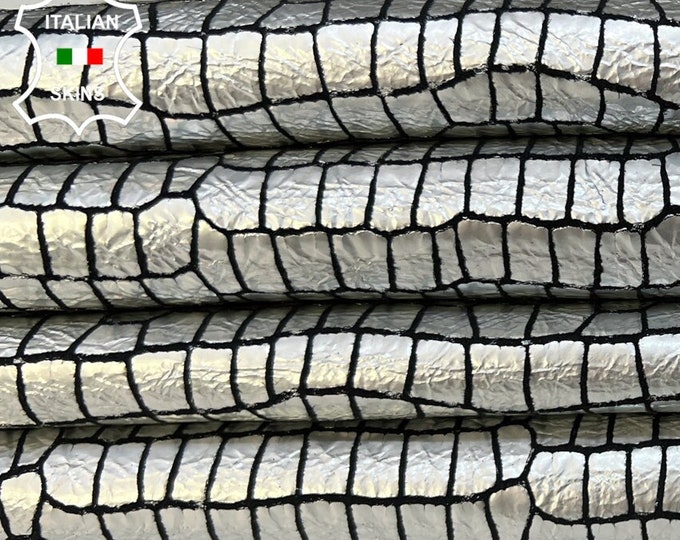 METALLIC SILVER CRINKLED Crocodile Print On Thick Soft Italian Goatskin Goat Leather pack 2 hides skins total 10sqf 1.1mm #B9533