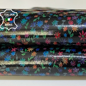 MULTICOLOR FLOWERS PATENT Print On Black Italian Goatskin Goat Leather hide hides skin skins 5+sqf 0.8mm #B5471