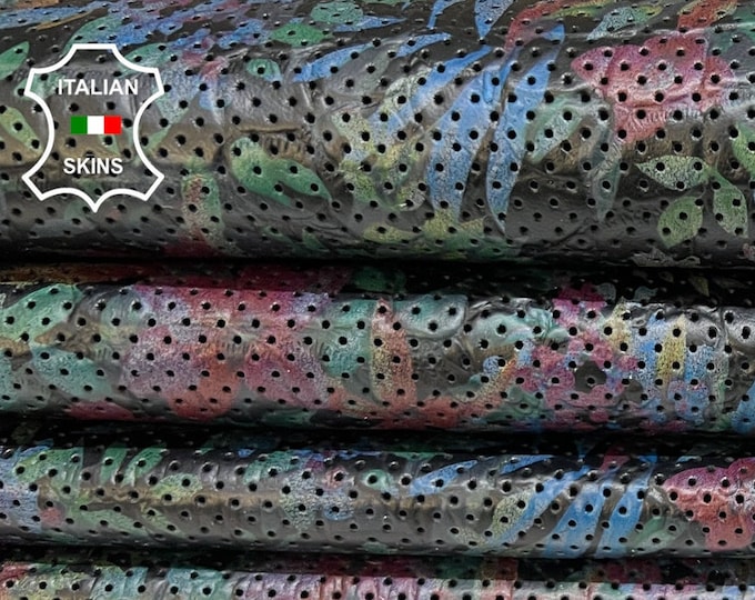 FLOWERS PRINT On BLACK Crocodile Textured Print On Pinholes Perforated Thick Italian Goatskin leather pack 2 hides total 15sqf 1.1mm #B8806