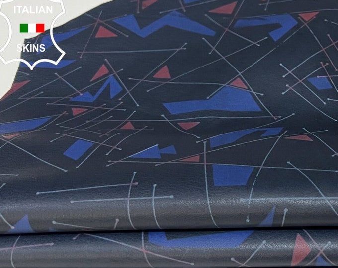 GEOMETRIC SHAPES PRINT On Dark Blue Thin Soft Italian Lambskin Lamb Sheep Leather hide hides skin skins 4+sqf 0.6mm #B4079