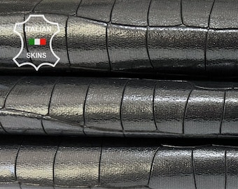 BLACK CROCODILE Textured Embossed Print On Vegetable Tan Shiny Thick Goat Leather skin 6+sqf 1.3mm #B7019