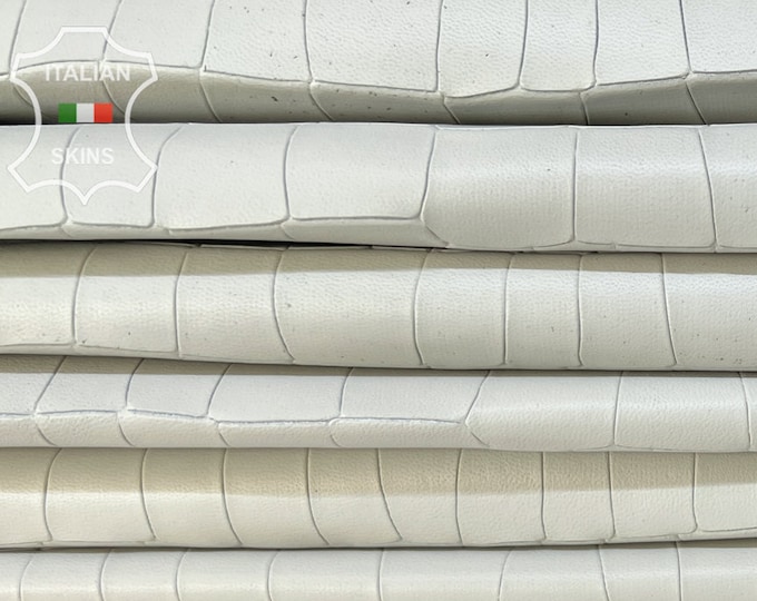 ICE GRAY Off WHITE Crocodile Textured Embossed Print on Italian Lambskin leather pack 2 hides skins total 16+sqf 0.8mm #B8197