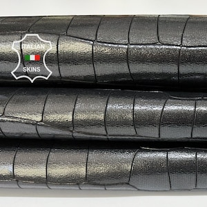 BLACK CROCODILE Textured Embossed Print On Vegetable Tan Shiny Thick Italian Goatskin Goat Leather hides skin hide skins 6+sqf 1.3mm #B7019