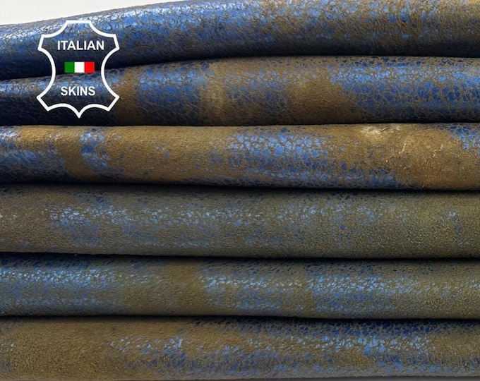 Metallic Blue Cracked vintage distressed look on vegetable tan brown lambskin Leather 2 hides skins total 10sqf 1.0mm #C3411