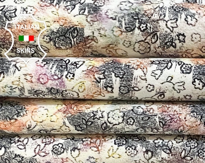 FLOWERS PRINT DISTRESSED On Ivory Soft Italian Goatskin Goat Leather pack 2 hides skins total 9+sqf 0.9mm #B5469