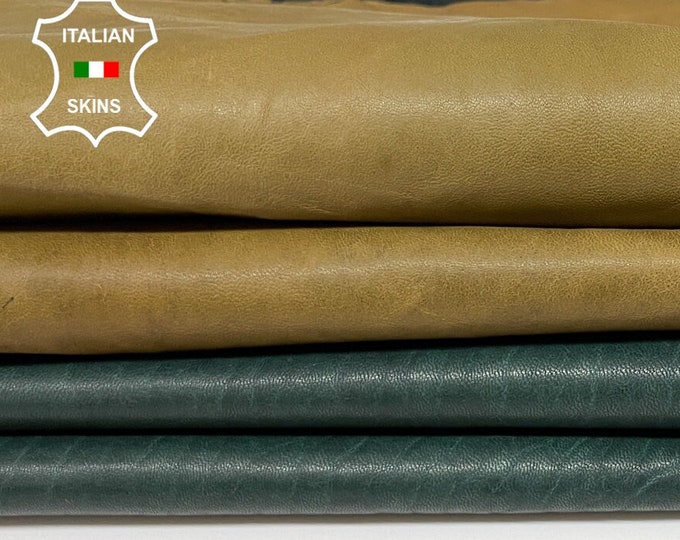 NATURAL OLIVE BROWN & bottle green vintage look vegetable tan soft Italian Lambskin Lamb Sheep leather pack 2 skins total 11sqf 1.3mm #A8592