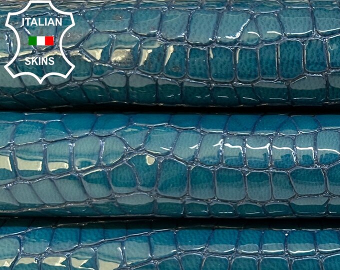 TEAL BLUE PATENT Crocodile Textured Embossed Shiny Print On Thick Soft Italian Calfskin Calf Cow Leather hide hides skins 5sqf 1.3mm #B4692