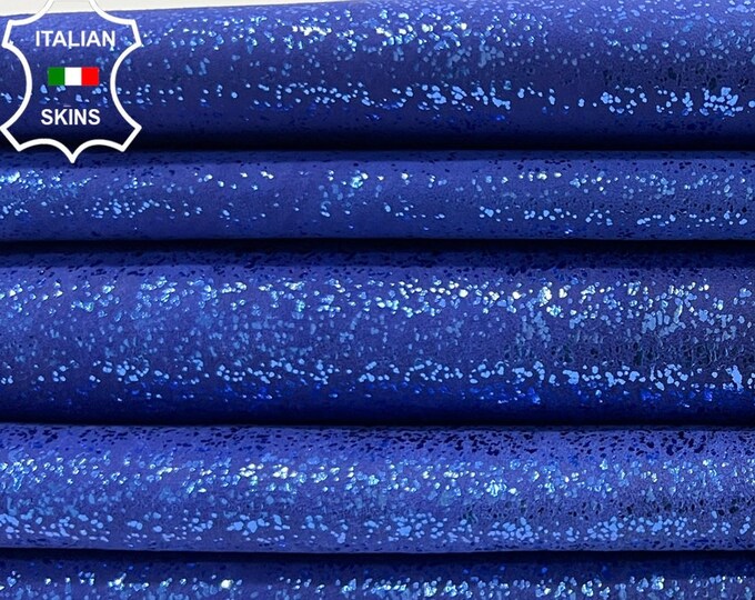 ROYAL BLUE Glitters On Suede STRETCH Thin Soft Italian Lambskin Lamb Sheep Leather pack 2 hides skins total 11+sqf 0.6mm #B9893