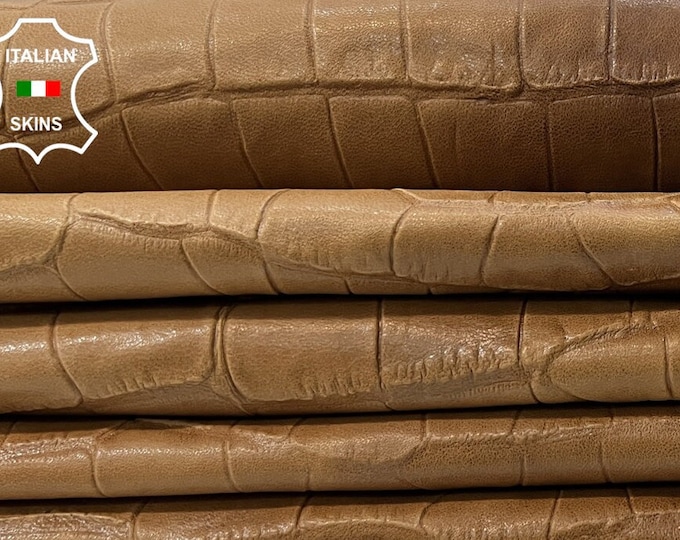 SANDY TAN CROCODILE Textured Print On Vegetable Tan Rustic Look Italian Goatskin Goat Leather pack 2 hides skins total 18+sqf 0.8mm #C503