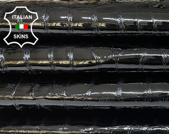 BLACK PATENT CROCODILE Print Shiny On Thick Italian Goatskin Goat Leather pack 2 hides skins total 14sqf 1.4mm #B3803
