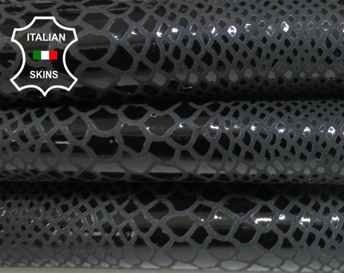 ANTHRACITE BLACK SNAKE print on Italian lambskin Lamb Sheep leather 12 skins hides Shiny  80-90sqf 0.7mm