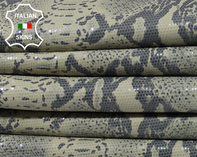 GREY PYTHON SNAKE greenish gray python print on shiny lamé soft Italian Lambskin Lamb sheep leather 3 skins hides total 18sqf 0.7mm #A8854