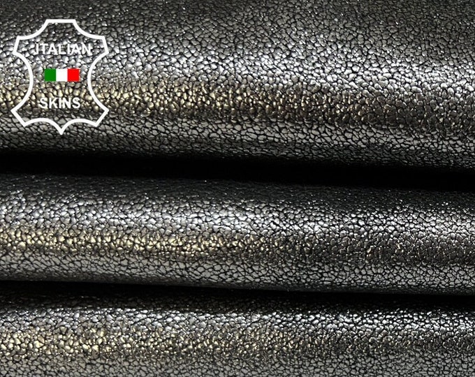 METALLIC GUNMETAL Cracked Shimmer On Black Soft Italian Goatskin Goat Leather hide hides skin skins 3+sqf 0.9mm #B6087