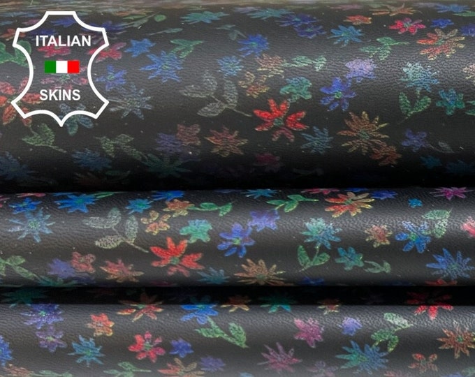 MULTICOLORS FLOWERS PRINT On Black Italian Lambskin Lamb Sheep Leather hide hides skin skins 7+sqf 1.0mm #B5785