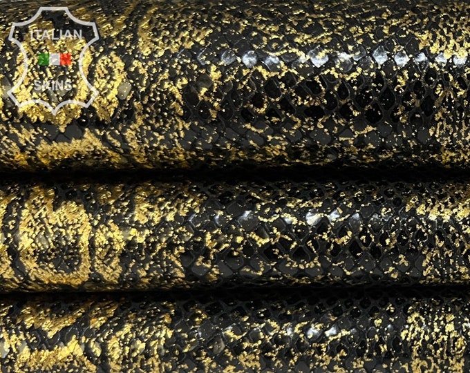 BRASS METALLIC BRONZE Shiny Snake Textured Print On Black Soft Italian Goatskin Goat Leather hide hides skin skins 5sqf 0.7mm #B7686